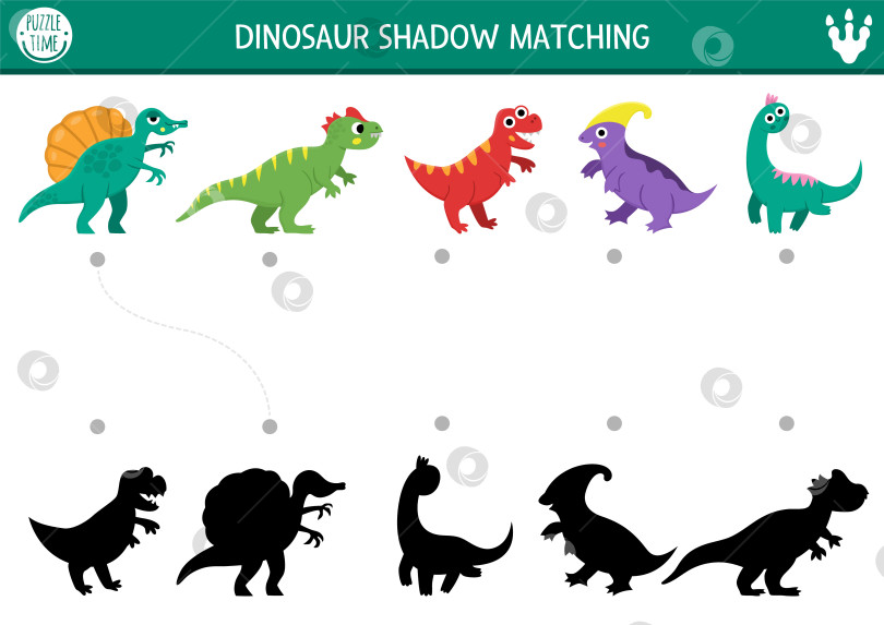 Скачать Подбор теней динозавров с животными. Доисторическая головоломка с симпатичными тираннозаврами, брахиозаврами, спинозаврами. Найдите правильный силуэт на листе или в игре для печати. Страница для детей "Страна динозавров" фотосток Ozero
