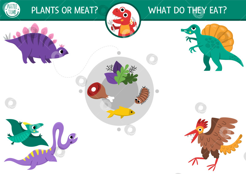 Скачать Подбор динозавров с милыми животными и пищей, которую они едят. Доисторическая головоломка с птерозаврами и стегозаврами. Подбери игру или распечатай рабочий лист с плотоядными и травоядными динозаврами фотосток Ozero