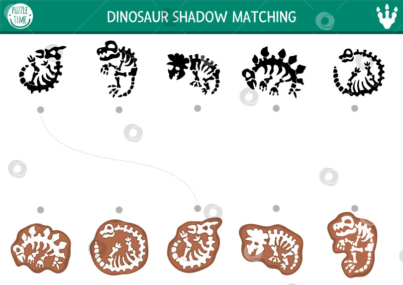 Скачать Упражнение по подбору теней динозавров с ископаемыми костями. Доисторическая головоломка со скелетами симпатичных стегозавров, трицератопсов и тираннозавров-рексов. Найдите правильный силуэт на листе или в игре для печати. Страница для детей "Страна динозавров" фотосток Ozero