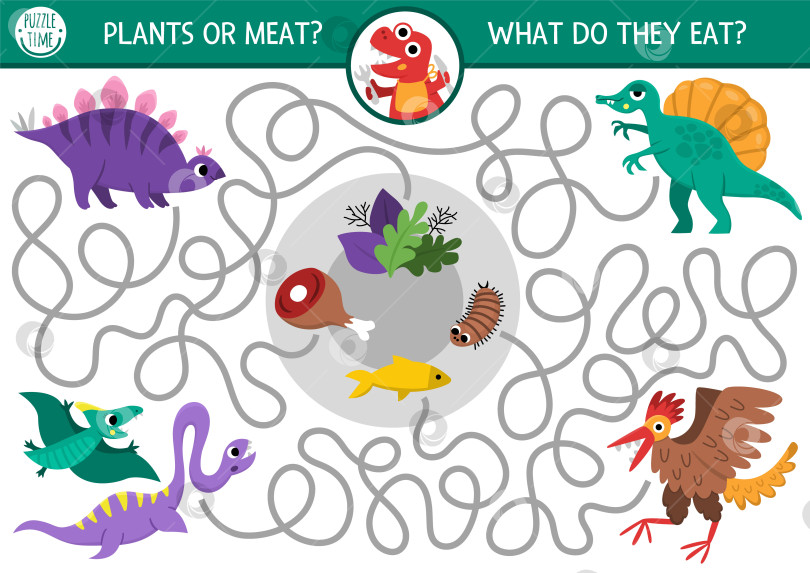 Скачать Лабиринт динозавров для детей с милыми животными. Доисторическое занятие для дошкольников с изображением стегозавра, птерозавра, археоптерикса и еды, которую они едят. Игра-лабиринт "Земля динозавров", головоломка фотосток Ozero