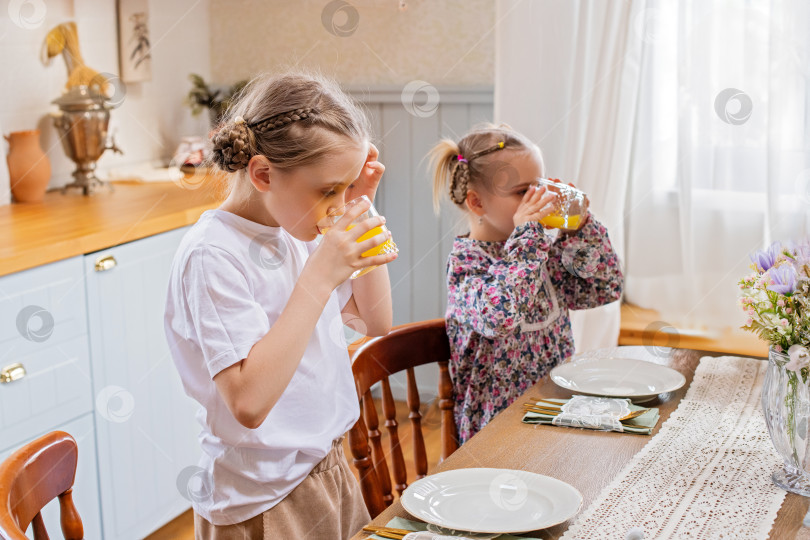 Скачать Девочки-дети пьют фруктовый сок из стаканов в интерьере кухни загородного дома. фотосток Ozero