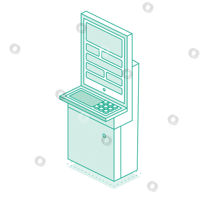 Скачать Изометрический интерактивный киоск. Терминал самообслуживания в банке или на железнодорожном вокзале, выделенный на белом фоне. Предоставляющий информацию. фотосток Ozero