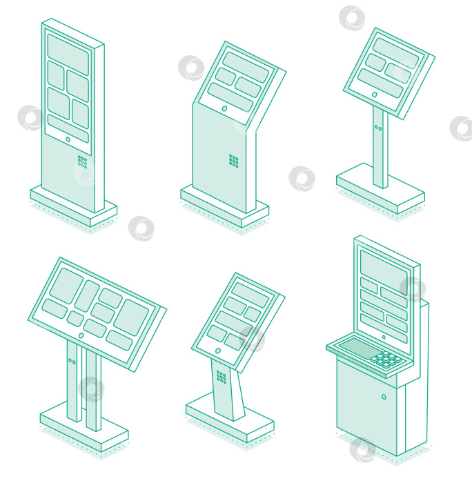 Скачать Набор изометрических интерактивных киосков. Терминал самообслуживания в банке или на железнодорожном вокзале, выделенный на белом фоне. Предоставление информации. фотосток Ozero