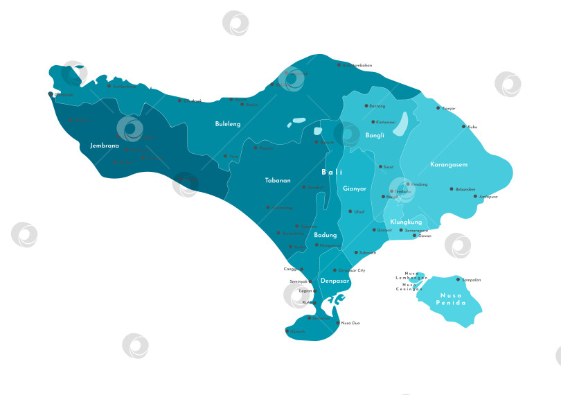 Скачать Векторная изолированная иллюстрация. Упрощенная синяя административная карта острова Бали, Индонезия, с указанием ближайшего острова Нуса Пенида. Белый фон. Названия городов, деревень и регентств фотосток Ozero