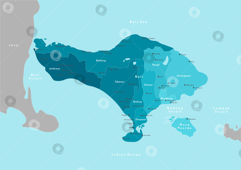 Скачать Современная векторная иллюстрация. Упрощенная административная карта острова Бали, Индонезия. Граница с ближайшими островами Ява, Нуса Пенида и т.д. Синий фон с морями. Названия городов, деревень и регентств фотосток Ozero