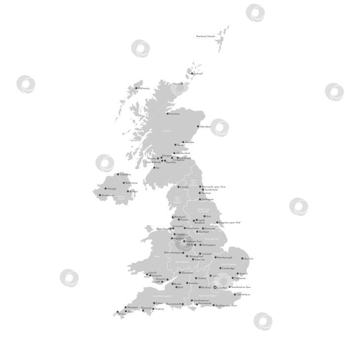 Скачать Векторная современная изолированная иллюстрация. Упрощенная административная карта Соединенного Королевства Великобритании и Северной Ирландии. Серые фигуры. Названия регионов и крупных городов Великобритании. Белый фон фотосток Ozero