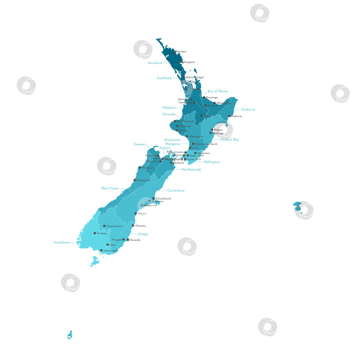 Скачать Современная векторная иллюстрация. Упрощенная административная карта Новой Зеландии. Границы регионов. Названия городов и провинций. Белый фон фотосток Ozero
