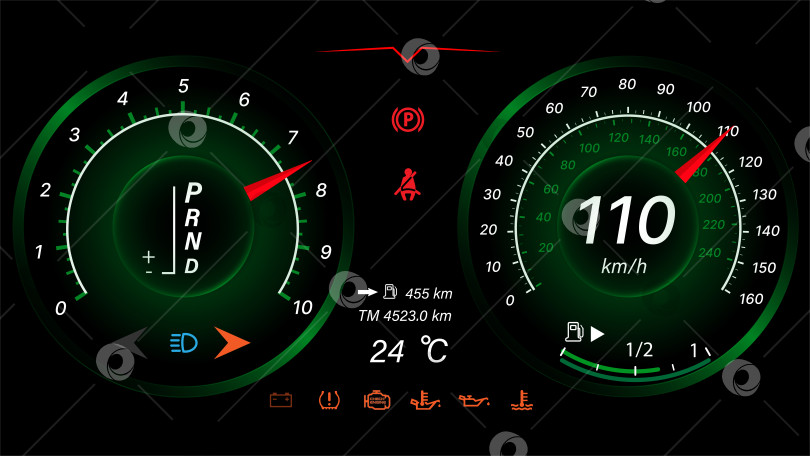 Скачать Дизайн приборной панели автоматического автомобиля со спидометром. Абстрактная технология измерения скорости. фотосток Ozero
