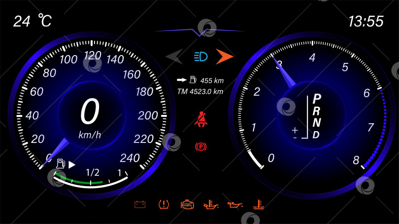 Скачать Дизайн приборной панели автоматического автомобиля со спидометром. Абстрактная технология измерения скорости. фотосток Ozero