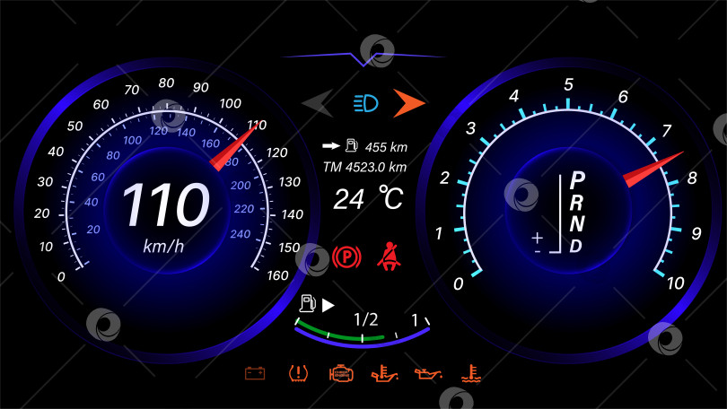 Скачать Дизайн приборной панели автоматического автомобиля со спидометром. Абстрактная технология измерения скорости. фотосток Ozero
