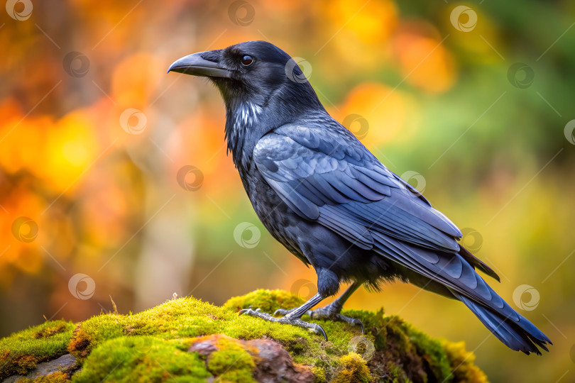 Скачать Черный ворон (Corvus corax) на замшелой скале фотосток Ozero