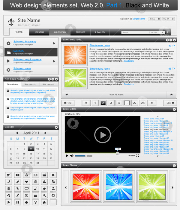 Скачать Набор элементов веб-дизайна 1. Черно-белый фотосток Ozero