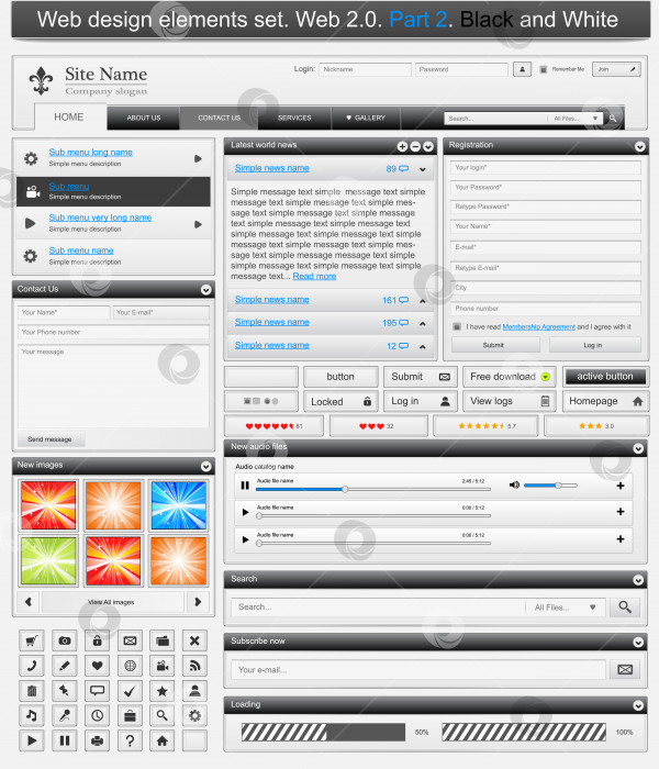 Скачать Набор элементов веб-дизайна 2. Черно-белый фотосток Ozero