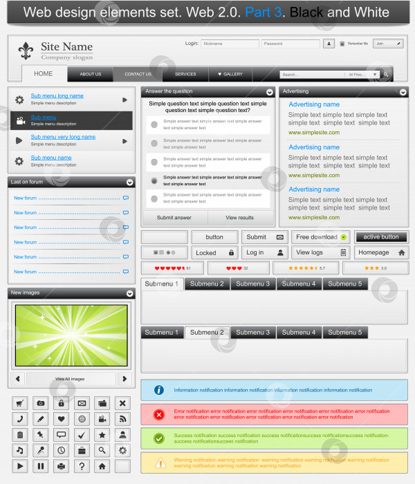 Скачать Набор элементов веб-дизайна 3. Черно-белый фотосток Ozero