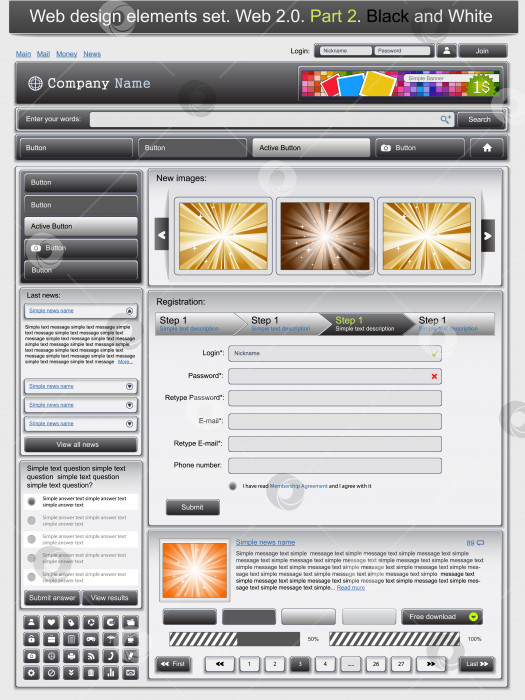 Скачать Набор элементов веб-дизайна 2. Черно-белый фотосток Ozero