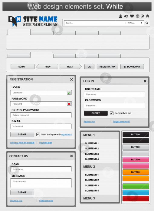 Скачать Элементы веб-дизайна установлены белым цветом фотосток Ozero