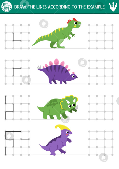 Скачать Занятия по рисованию динозавров, письму, обводке, ориентированию в пространстве для детей с древними животными. Проведите линии в квадратной рамке в соответствии с приведенным примером. Игра-головоломка "Доисторические животные" для дошкольного возраста фотосток Ozero