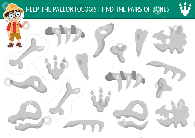 Скачать Найди пару костей динозавра. Упражнение для детей по подбору доисторических костей. Рабочая тетрадь для викторины "Земля динозавров" для развития внимания у детей. Игра для печати с изображением симпатичного скелета древнего животного фотосток Ozero