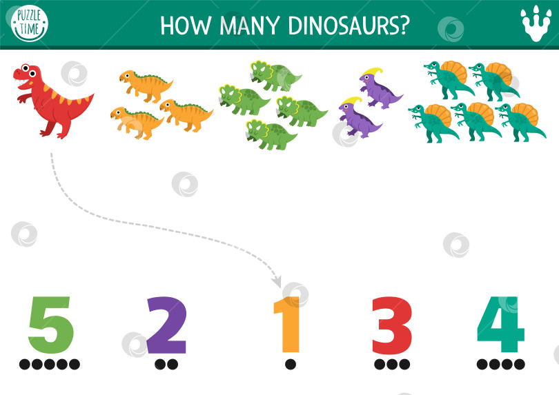 Скачать Игра в счет и подбор комбинаций с милыми динозаврами. Развивающее занятие по математике для детей дошкольного возраста. Распечатанный доисторический рабочий лист для счета с тираннозаврами, брахиозаврами, трицератопсами и игуанодонами фотосток Ozero