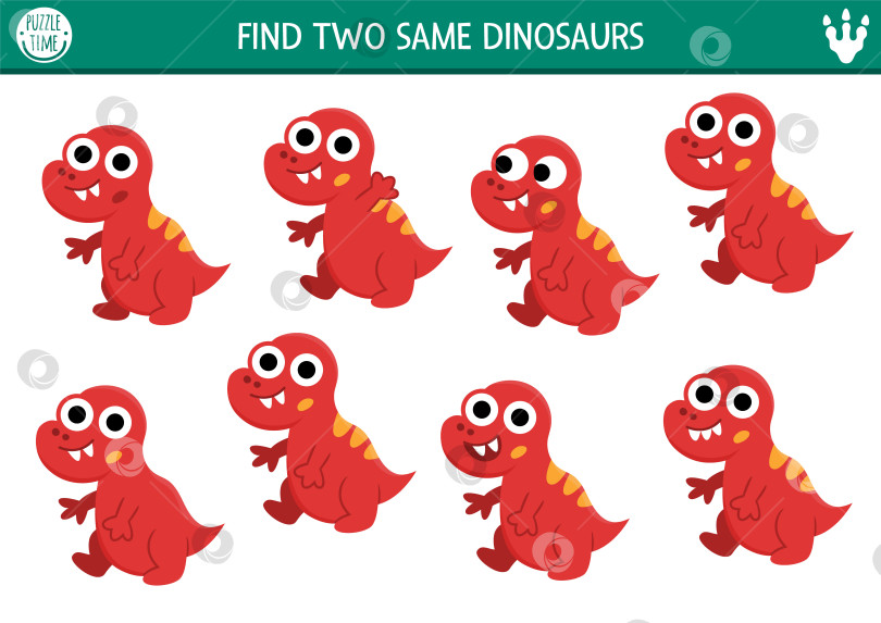 Скачать Найдите двух одинаковых детенышей динозавров. Задание для детей на подбор доисторических персонажей. Рабочая тетрадь-викторина "Земля динозавров" для детей с древними животными. Игра для печати с симпатичным маленьким тираннозавром, брахиозавром фотосток Ozero