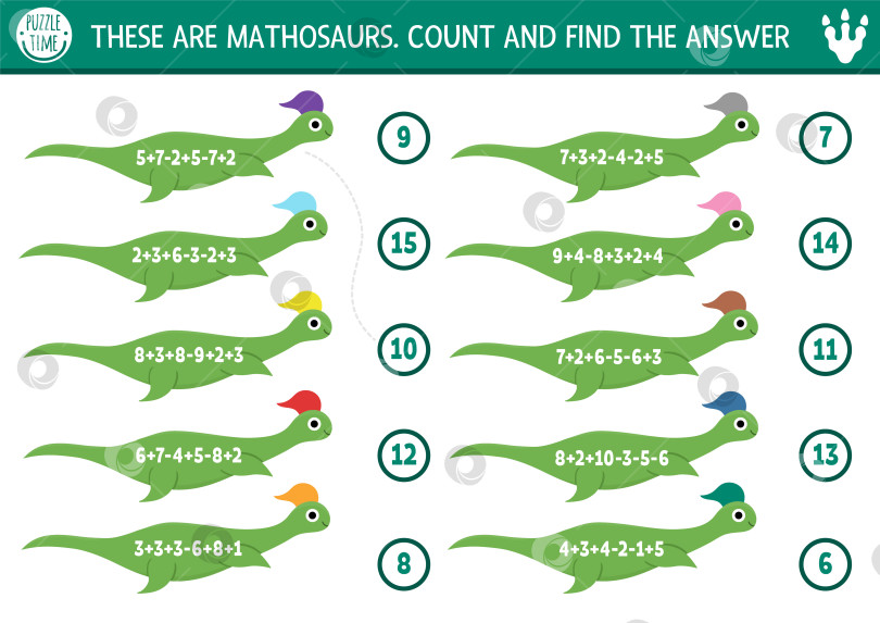 Скачать Игра в счет и подбор комбинаций с милыми длинными плезиозаврами. Математические упражнения на сложение и вычитание с динозаврами для детей дошкольного возраста. Распечатанный рабочий лист для счета с изображением древнего животного фотосток Ozero
