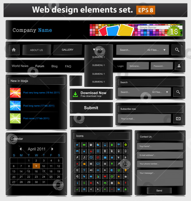 Скачать Набор черных элементов веб-дизайна. фотосток Ozero