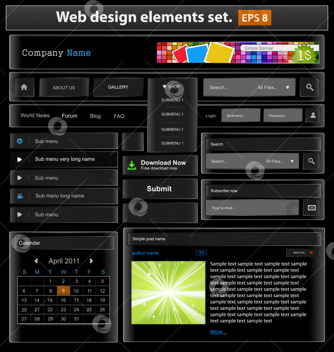 Скачать Набор черных элементов веб-дизайна. фотосток Ozero