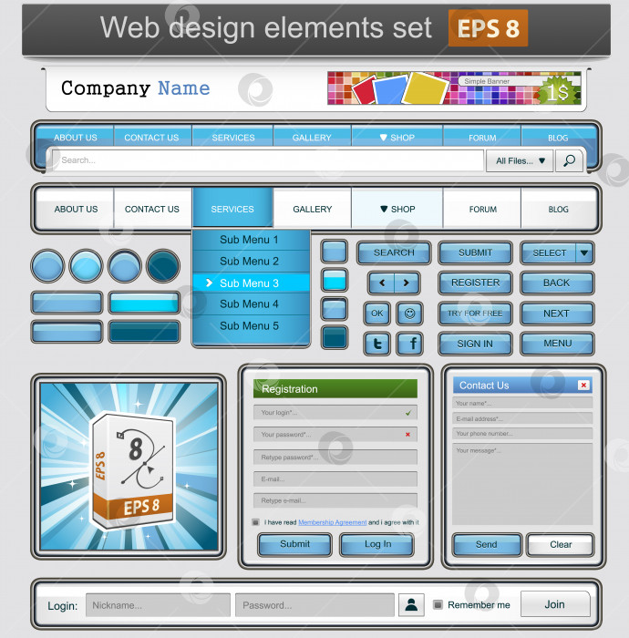 Скачать Синий набор элементов веб-дизайна. фотосток Ozero