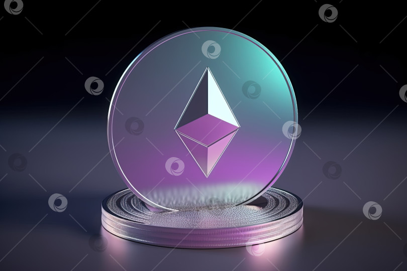 Скачать Монета Ethereum с градиентной подсветкой неонового цвета на отражающей поверхности цифровая валюта фотосток Ozero