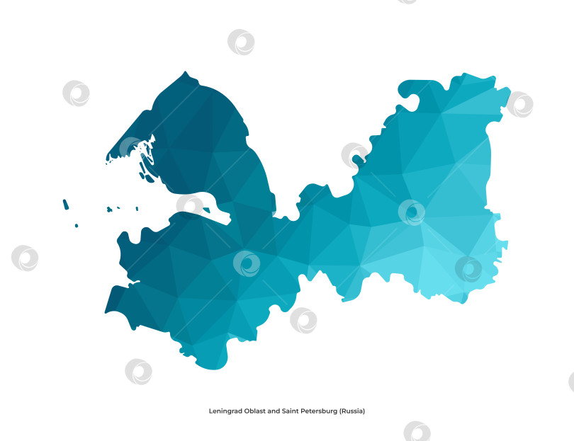 Скачать Векторная изолированная иллюстрация с упрощенным синим силуэтом Ленинградской области и карты Санкт-Петербурга. Многоугольный геометрический стиль. Белый фон фотосток Ozero