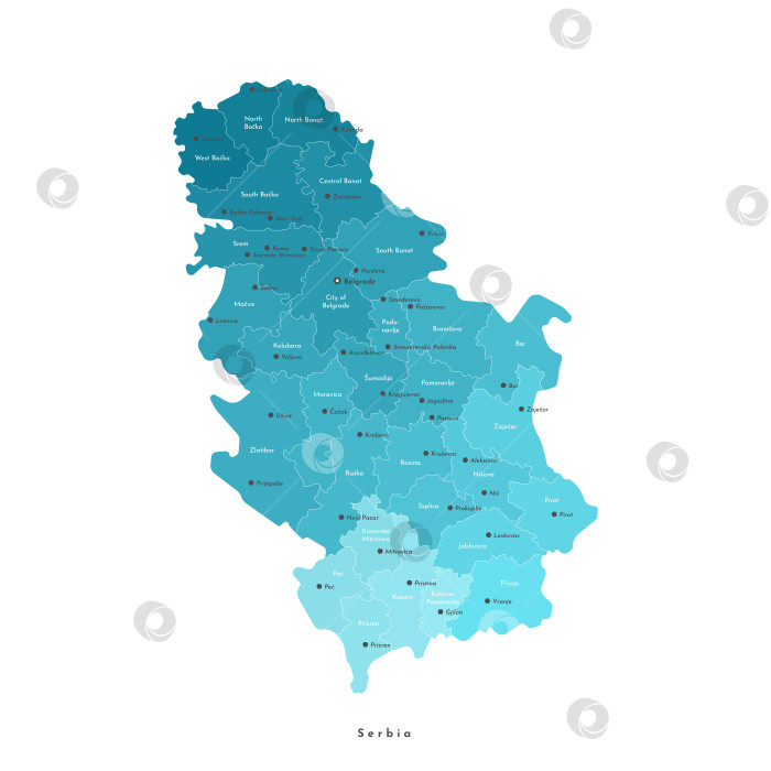 Скачать Векторная изолированная иллюстрация. Упрощенная административная карта Сербии, включая Косово. Белый фон. Названия крупнейших городов и областей, округов фотосток Ozero