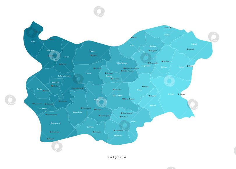 Скачать Векторная изолированная иллюстрация. Упрощенная административная карта Болгарии в синих тонах. Границы провинций. Белый фон. Названия городов фотосток Ozero