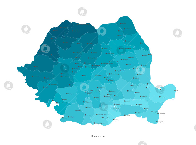 Скачать Современная векторная иллюстрация. Упрощенная административная карта Румынии. Эффект синего градиента. Названия городов и регионов фотосток Ozero