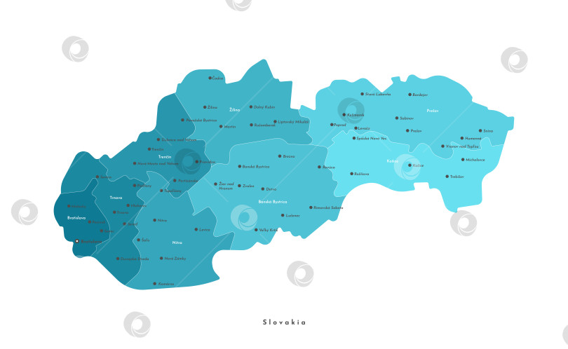 Скачать Векторная изолированная современная иллюстрация. Упрощенная административная карта Словакии в синих тонах. Названия городов и регионов фотосток Ozero