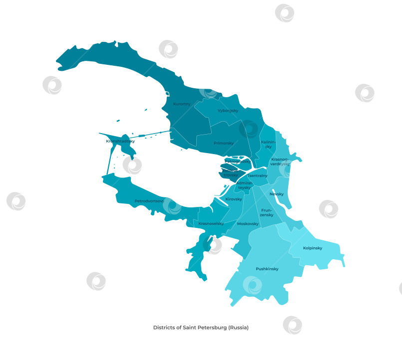 Скачать Векторная современная изолированная иллюстрация. Упрощенная административная карта Санкт-Петербурга в России синего цвета. Названия районов на английском языке фотосток Ozero