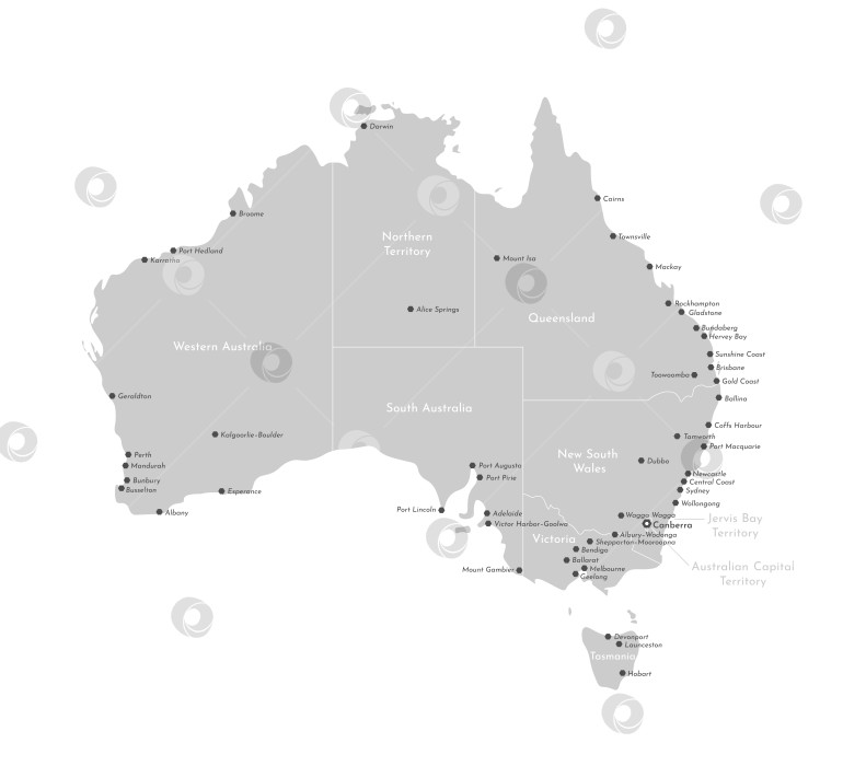 Скачать Современная векторная иллюстрация. Упрощенная административная карта Австралии, выделенная на белом фоне. Названия австралийских городов, границы регионов. Серые фигуры фотосток Ozero