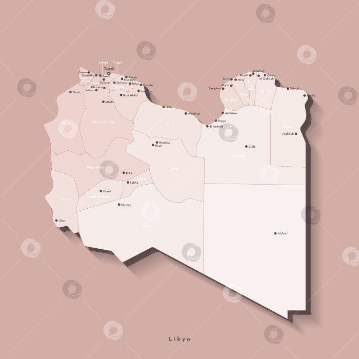 Скачать Современная векторная иллюстрация в бежевых тонах. Упрощенная административная карта Ливии. Названия столицы, городов и регионов. Коричневый фон фотосток Ozero