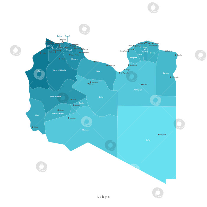 Скачать Векторная современная изолированная иллюстрация в синих тонах. Упрощенная административная карта Ливии. Названия столицы, городов и регионов фотосток Ozero