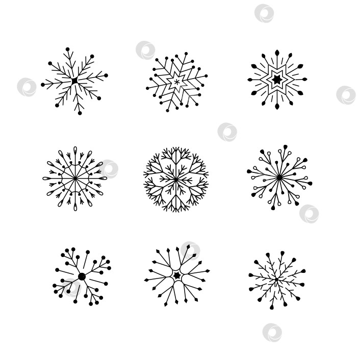 Скачать Набор красивых иконок со снежинками в виде узора. Векторная иллюстрация изолята на белом фоне. Концепция зимнего снега, Рождества и нового года. фотосток Ozero
