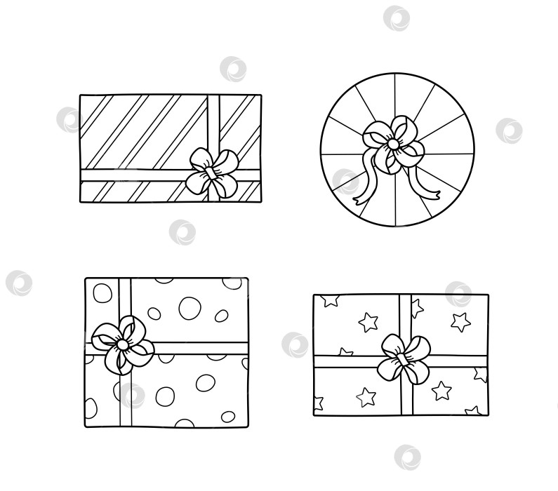 Скачать Иконки подарков с бантиками. Векторные каракули на оберточной бумаге. Набор подарочных коробок для праздника. Изолированная иллюстрация на белом фоне. фотосток Ozero