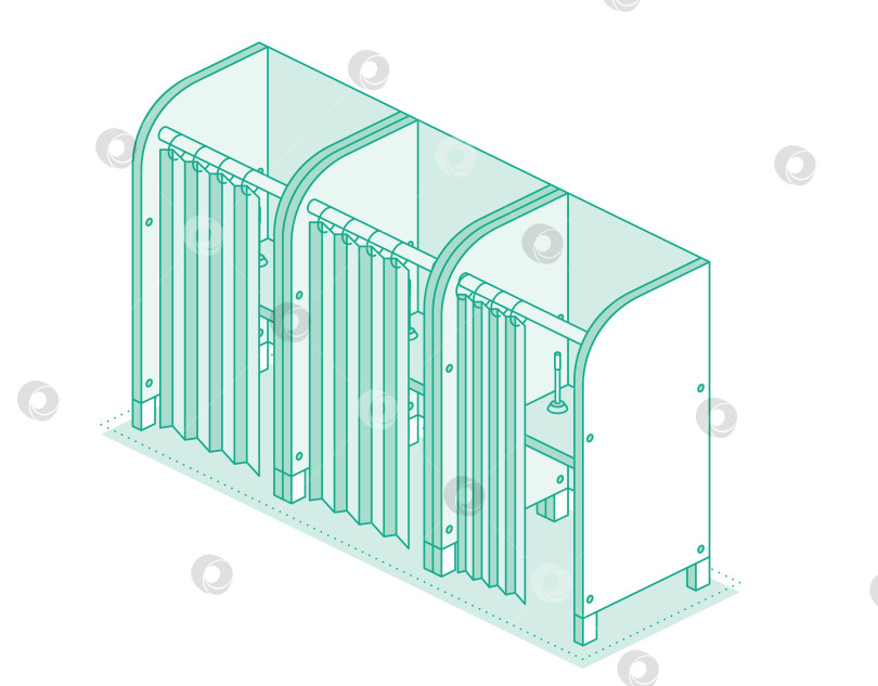 Скачать Изометрические отдельные кабины для голосования с закрытыми и открытыми занавесками и ручкой на столе. Интерьер избирательного участка. Обрисуйте объекты. фотосток Ozero