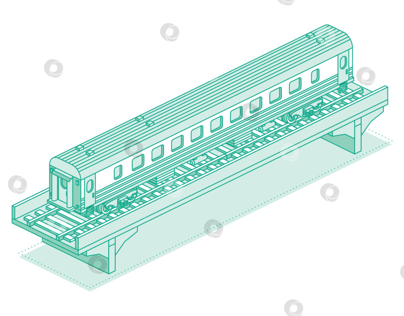 Скачать Изометрический пассажирский железнодорожный вагон на мосту. Объект, выделенный на белом фоне. Железнодорожный. Вагон на рельсах. Схема пассажирского вагона. фотосток Ozero