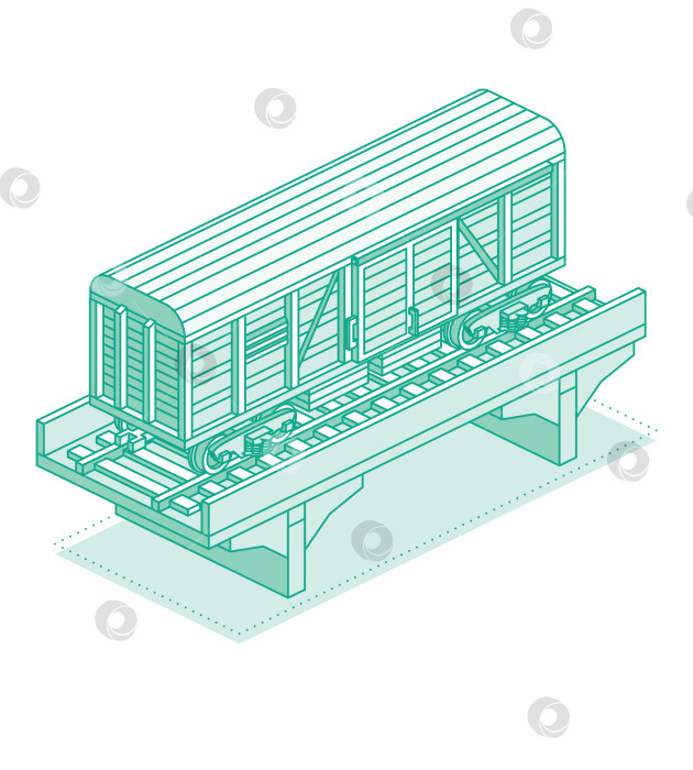 Скачать Изометрический грузовой железнодорожный вагон на мосту. Объект, выделенный на белом фоне. Железнодорожный. Вагон на рельсах. Грузовой товарный вагон. Промышленные железнодорожные перевозки. фотосток Ozero