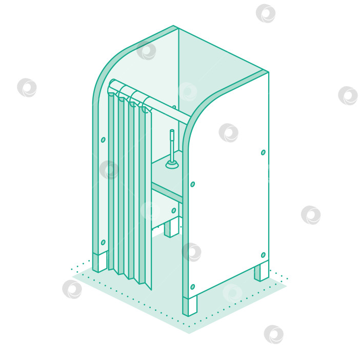 Скачать Изометрическая кабина для голосования с открытыми занавесками и ручкой на столе. Интерьер избирательного участка. Обрисуйте объекты. фотосток Ozero