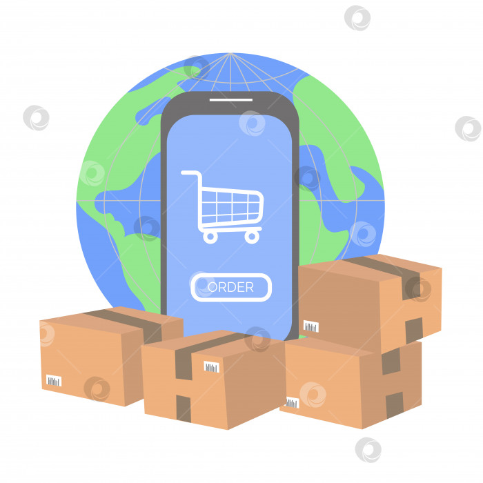 Скачать Концепция онлайн-покупок, смартфонов и посылок на фоне земного шара фотосток Ozero