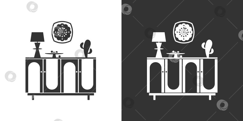 Скачать Мебельная интерьерная иконка с тумбочкой и настенными часами. Черная и белая фотосток Ozero