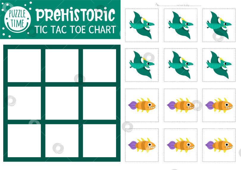Скачать Векторная диаграмма динозавров в крестиках-ноликах с птерозавром и рыбой. Игровое поле для доисторической настольной игры с милыми персонажами. Рабочий лист для печати "Забавная страна динозавров". Сетка крестиков и ноликов с птеродактилем фотосток Ozero