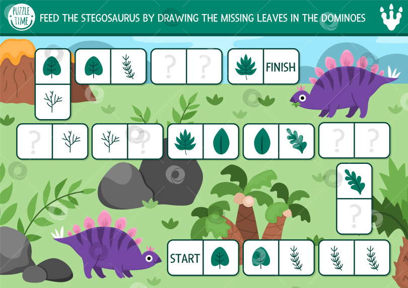 Скачать Векторный пазл-домино с динозаврами для детей с картинками. Простая викторина по распознаванию доисторических форм. Лабиринт, рисование, сопоставление и логические упражнения со стегозавром и листьями. Нарисуйте недостающие объекты фотосток Ozero