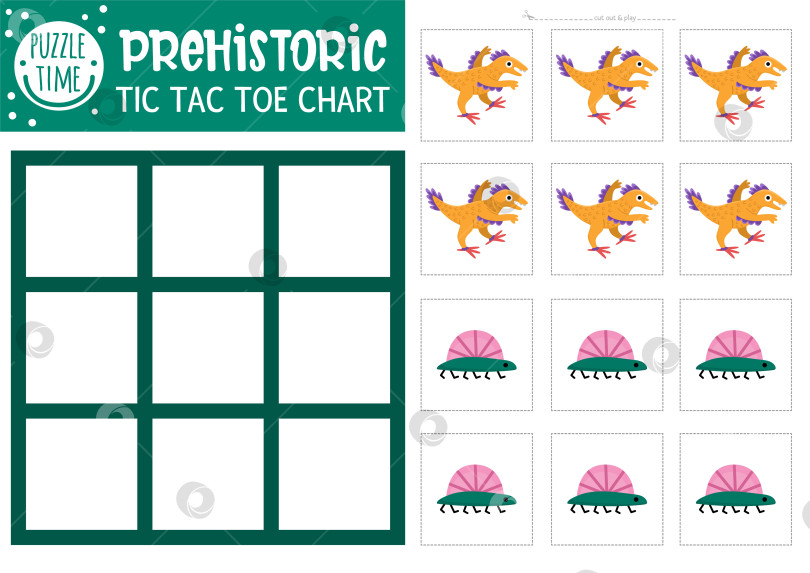 Скачать Векторная диаграмма динозавров в крестиках-ноликах с велоцираптором. Игровое поле для доисторической настольной игры с милыми персонажами. Рабочий лист для печати "Забавная страна динозавров". Сетка крестиков и ноликов фотосток Ozero