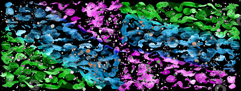 Скачать Абстрактный фон с яркими пятнами на черной поверхности. Мазки гуашью голубого, зеленого и фиолетового цветов расположены диагональными группами на черном фоне. Имитация рисунка гуашью. фотосток Ozero